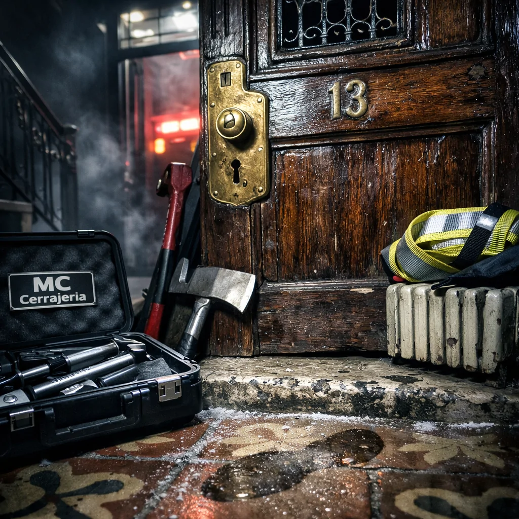 Pasillo tenso en un edificio antiguo de Barcelona, con herramientas de emergencia y una puerta de roble, reflejando urgencia. Cuales son las mejores tecnicas para abrir puertas en emergencias en Barcelona.