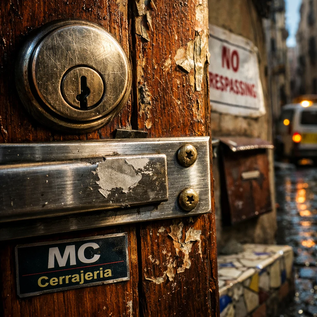Cerradura y refuerzo de acero en una puerta catalana, reflejando la urgencia de protección; soluciones antiokupas en Barcelona.