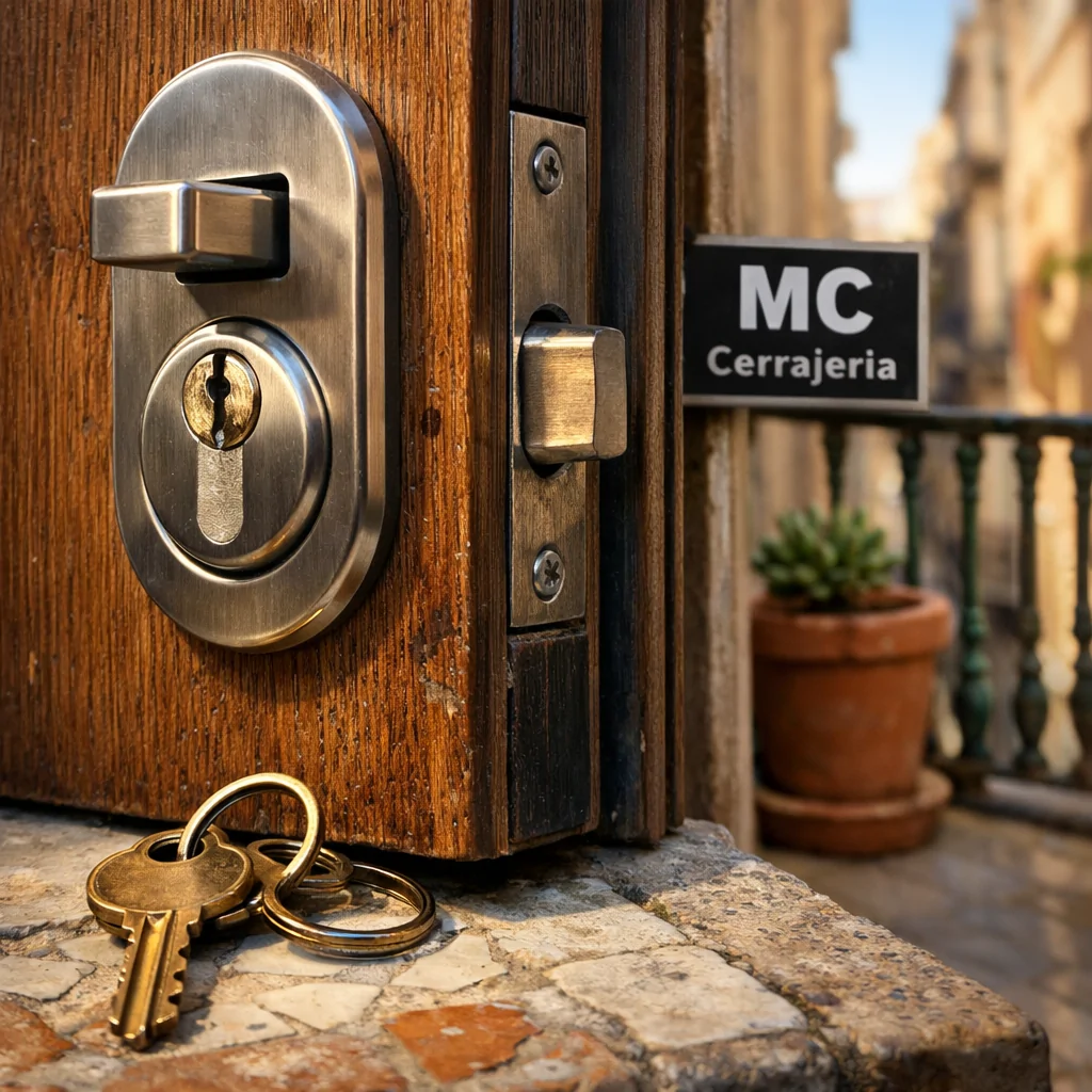 Cerca de una cerradura de seguridad en Barcelona, mostrando detalles de la puerta y el ambiente, ideal para saber: Cuales son las cerraduras mas seguras para viviendas en Barcelona.