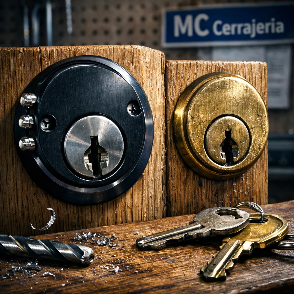 Cerca de dos cerraduras, una de alta seguridad y otra estándar, se comparan en un ambiente de taller con herramientas.