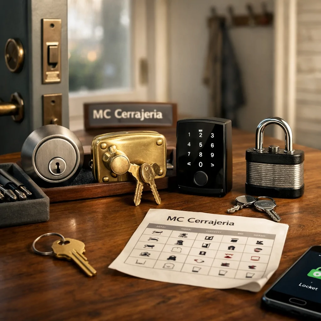 Comparacion entre las opciones de cerrajeria para seguridad en casas: cerraduras en una mesa de entrada con llaves y un teléfono.