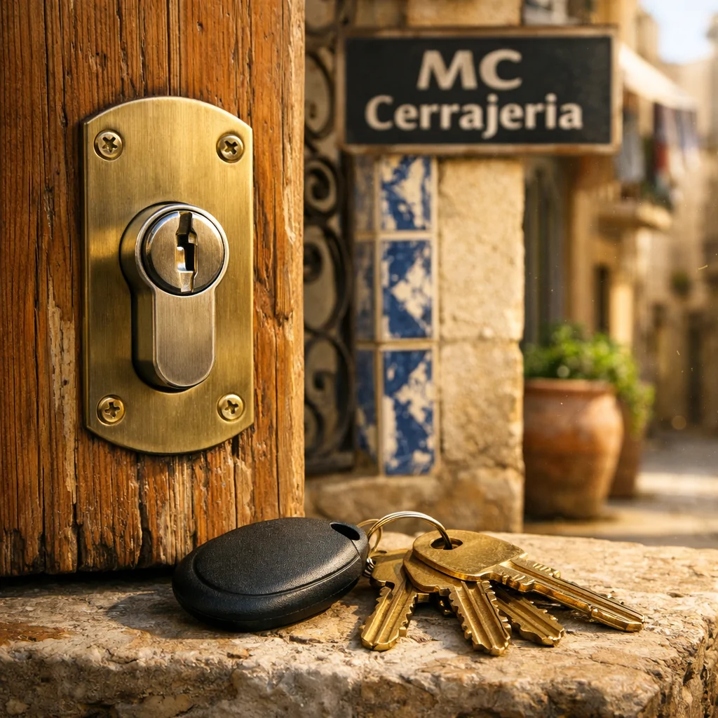 Estudio de un cilindro de cerradura en una puerta de pino, reflejando los mejores servicios de instalación de cerraduras en Barcelona.
