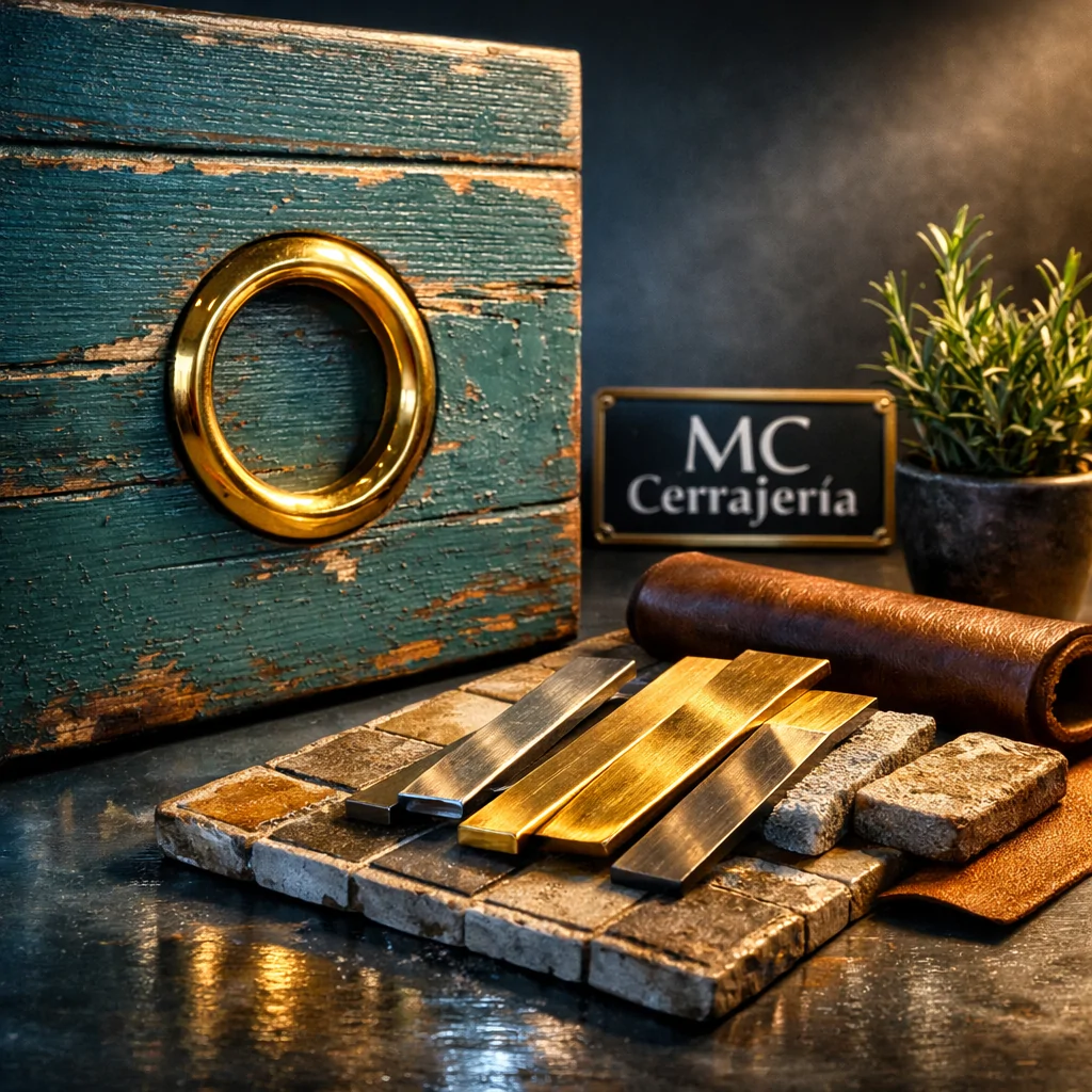 Puerta de apartamento turquesa en Barcelona, con instrumentos metálicos en un umbral desgastado; ideal para cerrajería. Cuales son los mejores servicios de cerrajeria en Barcelona para aperturas de puertas de emergencia.