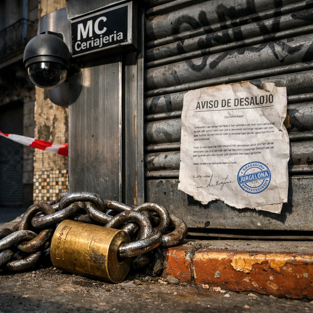 Fotografía urbana tensa de un local cerrado en Barcelona, con cadena y aviso de desalojo; ¿Qué soluciones antiokupas son las más efectivas en Barcelona?