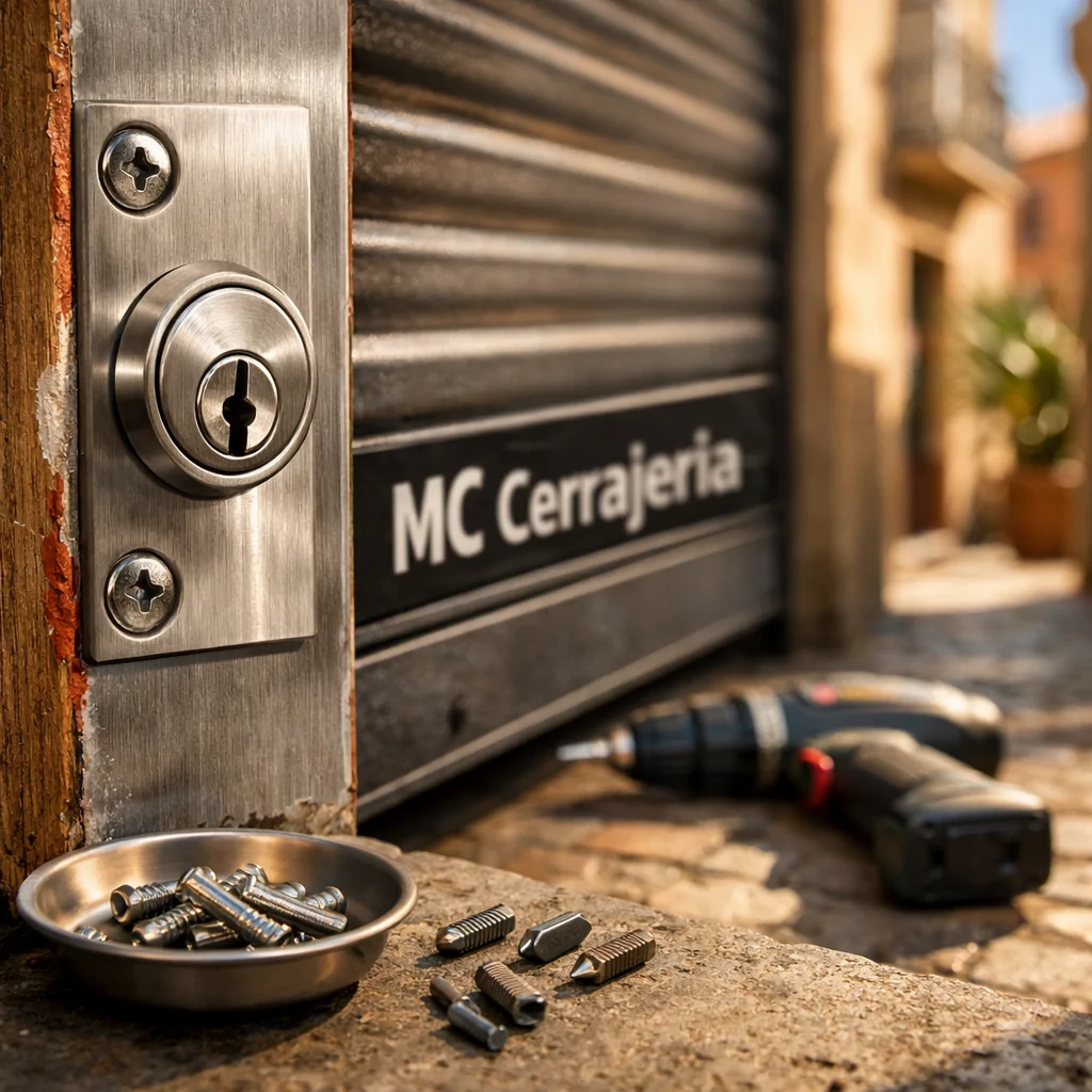 Cerradura euro-cilíndrica y placa de acero en puerta de garaje en Barcelona; empresas ofrecen instalación de cerraduras seguras.