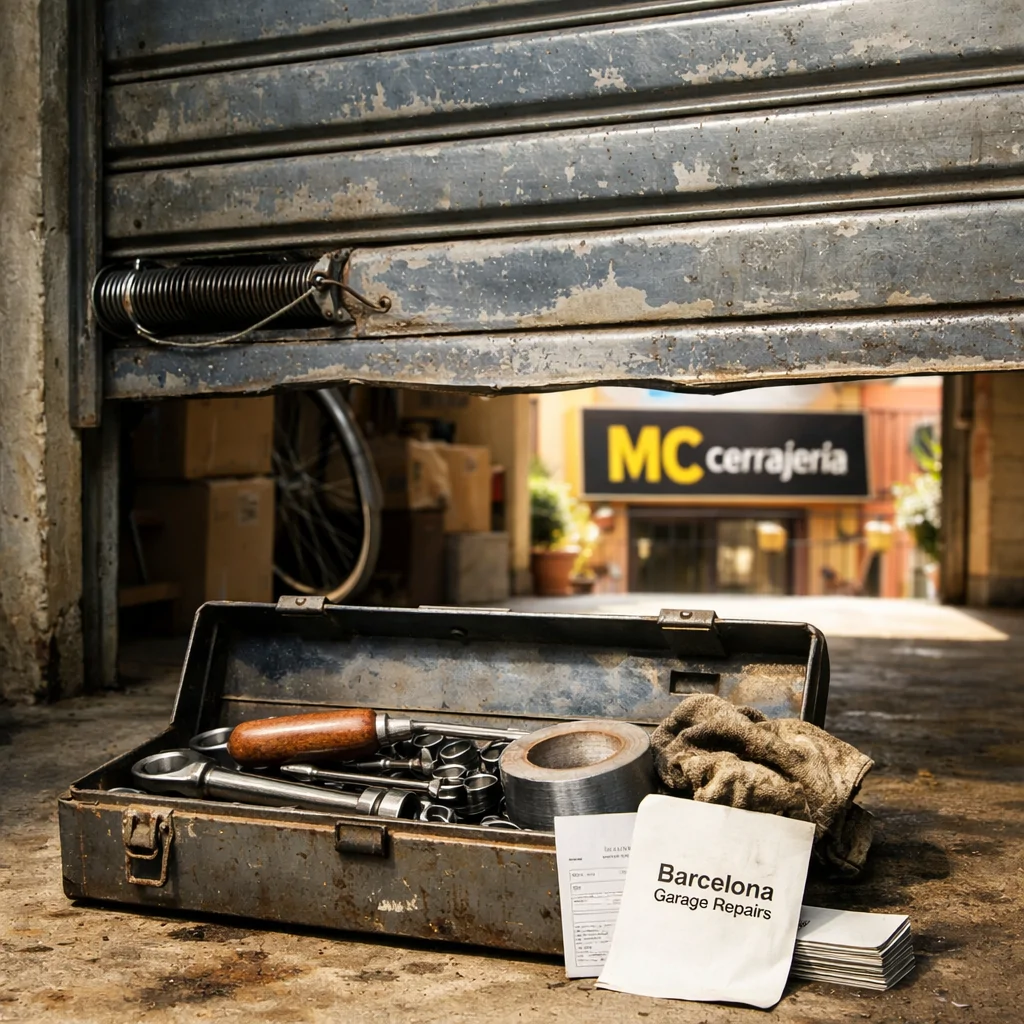 Puerta de garaje azul-gris parcialmente abierta, herramientas en un banco, factura de "Barcelona Garage Repairs" visible. Donde puedo encontrar servicios economicos para la reparación de puertas de garaje en Barcelona.