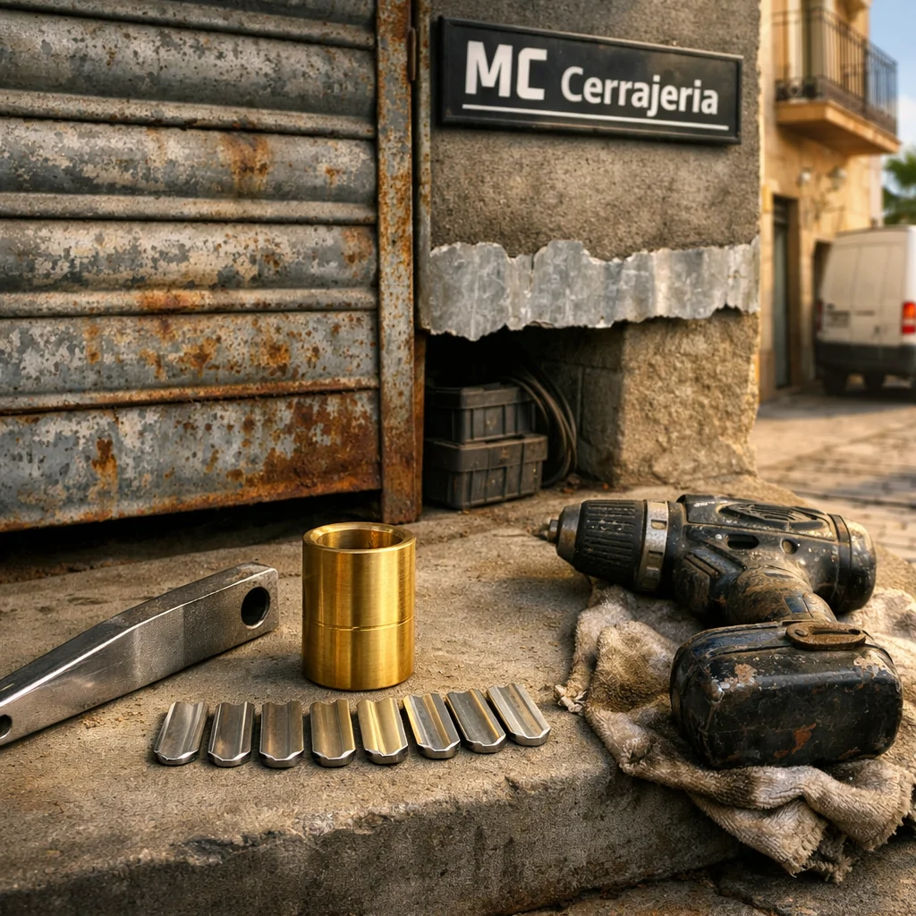 Escena de calle en Barcelona con herramientas de cerrajero y puerta de garaje; Cuales son los cerrajeros mas conocidos en Barcelona para solucionar problemas de puertas de garaje.