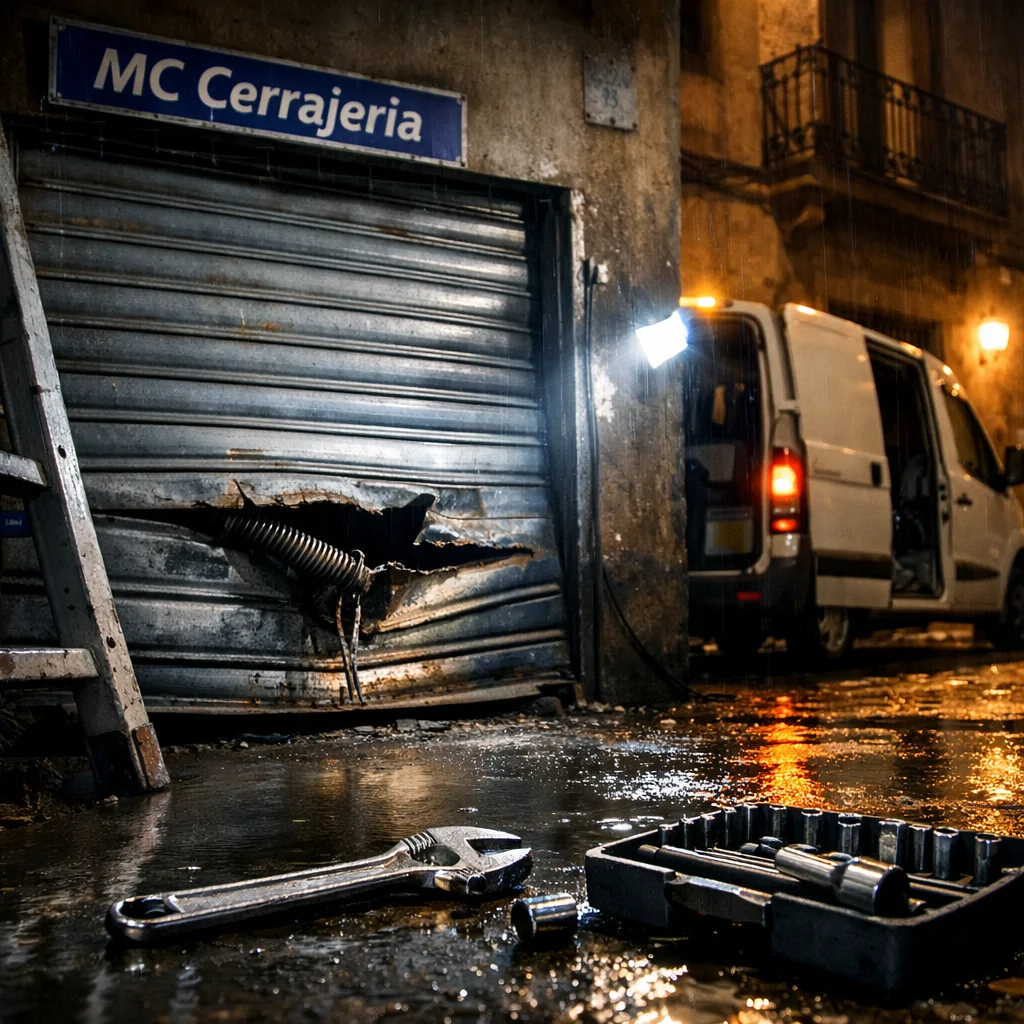 Escena tensa nocturna en Barcelona con una puerta de garaje dañada; herramientas y un furgón de servicio iluminan la atmósfera. Donde puedo contratar un servicio urgente para reparar mi puerta de garaje en Barcelona.