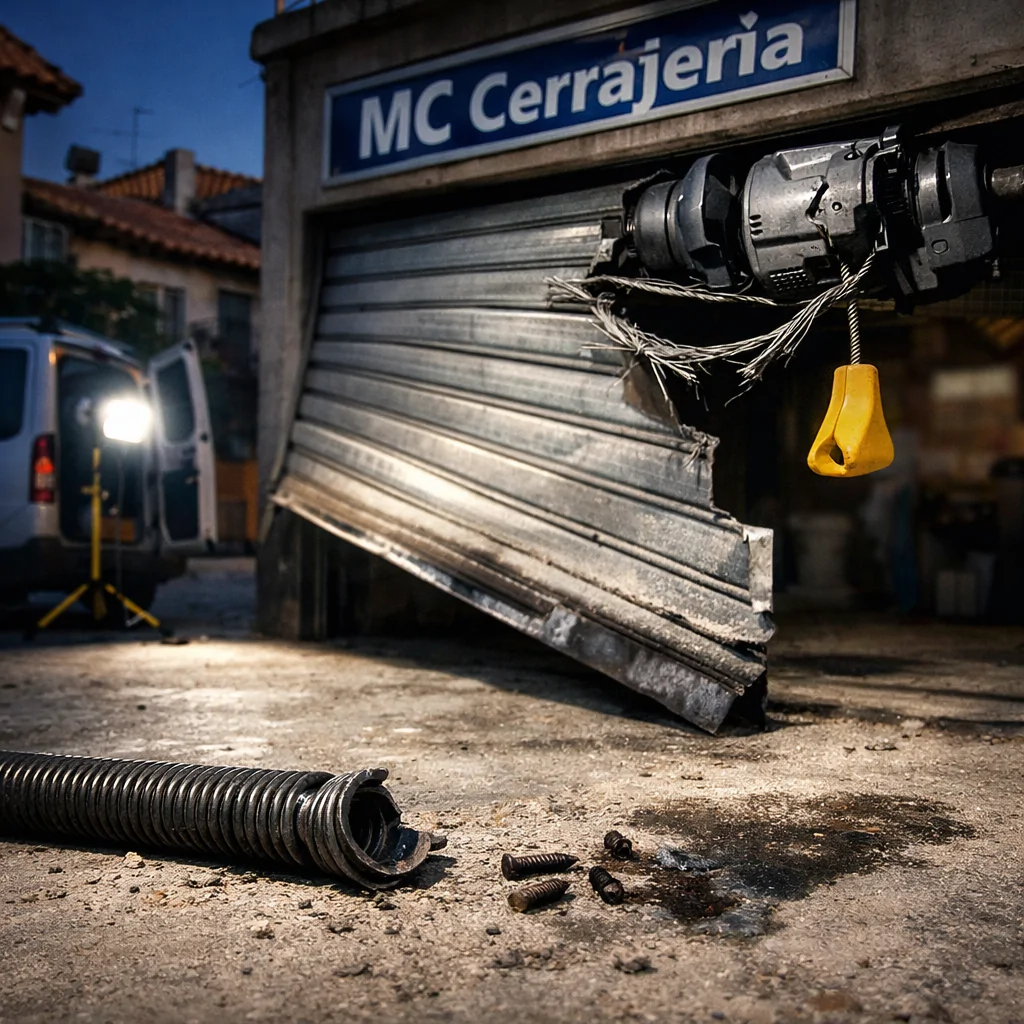 Escena tensa de una puerta de garaje atascada en Valencia, mostrando daños y un resorte roto. Donde puedo contratar reparacion urgente de puertas de garaje en Valencia.