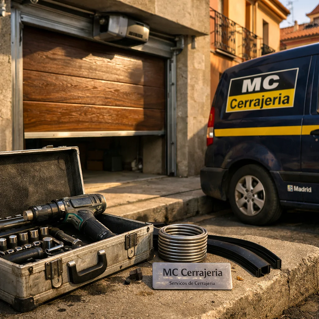 Caja de herramientas abierta en una calle de Madrid, con herramientas y una puerta de garaje reparada. Cuales son las mejores empresas de reparacion de puertas de garaje en Madrid.