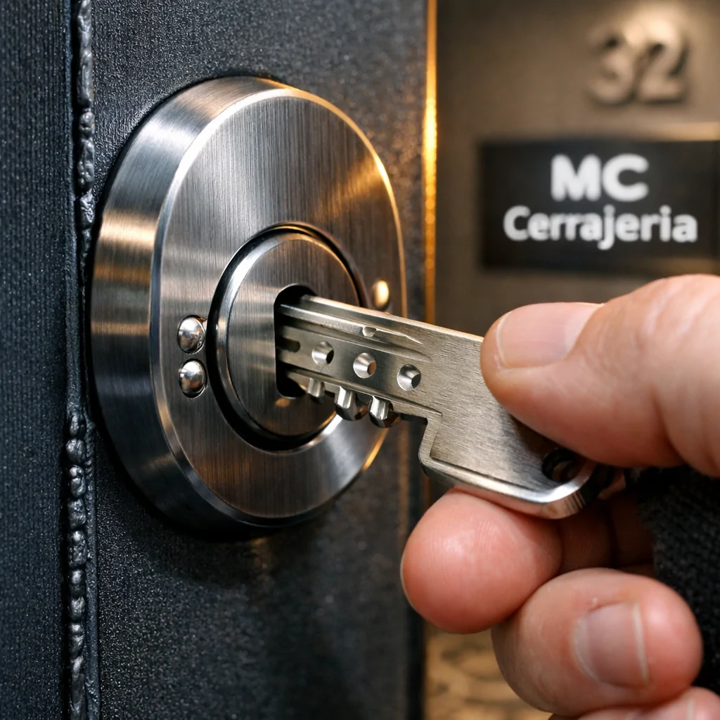 Cierre de alta seguridad en puerta acorazada, con llave satinada y detalles en acero, ideal para seguridad en Barcelona.