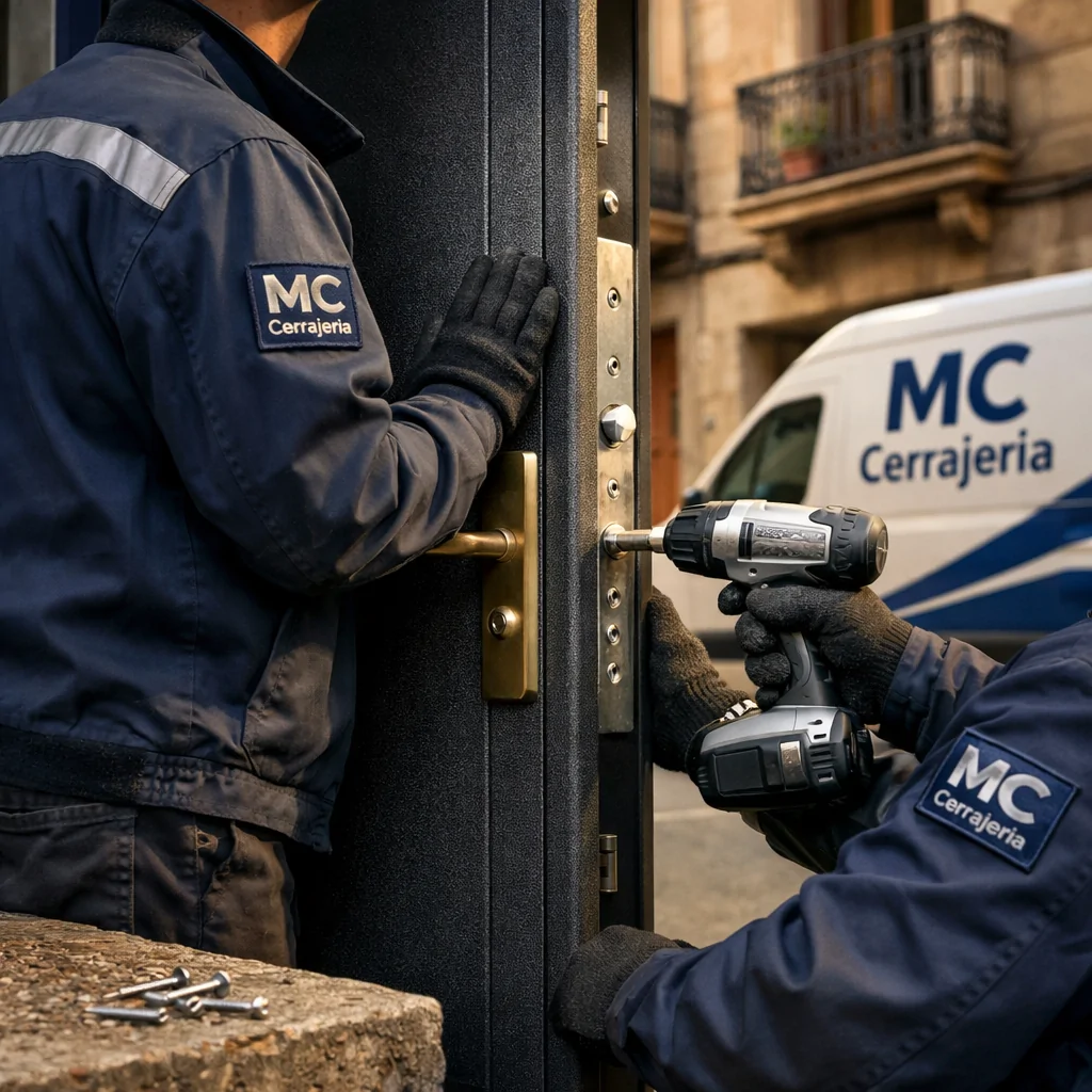 Instaladores en Barcelona ajustan una puerta acorazada con herramientas, reflejando eficiencia y profesionalismo.