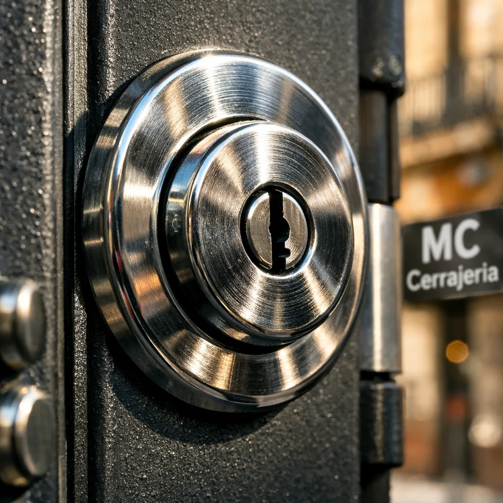 Primer plano extremo de una entrada reforzada en Barcelona, destacando detalles de metal y la pregunta: "Cuales son las mejores opciones de puertas acorazadas para evitar ocupaciones ilegales en Barcelona".