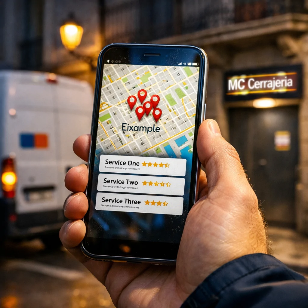 Primer plano de un smartphone mostrando un mapa de Barcelona; "Ubica empresas que realicen aperturas de puertas de emergencia en Barcelona".