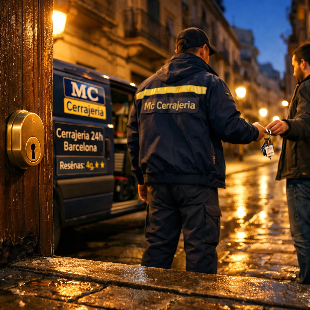 Escena nocturna en Barcelona con un cerrajero entregando llaves a un propietario; comparar servicios de cerrajería para emergencias en Barcelona.