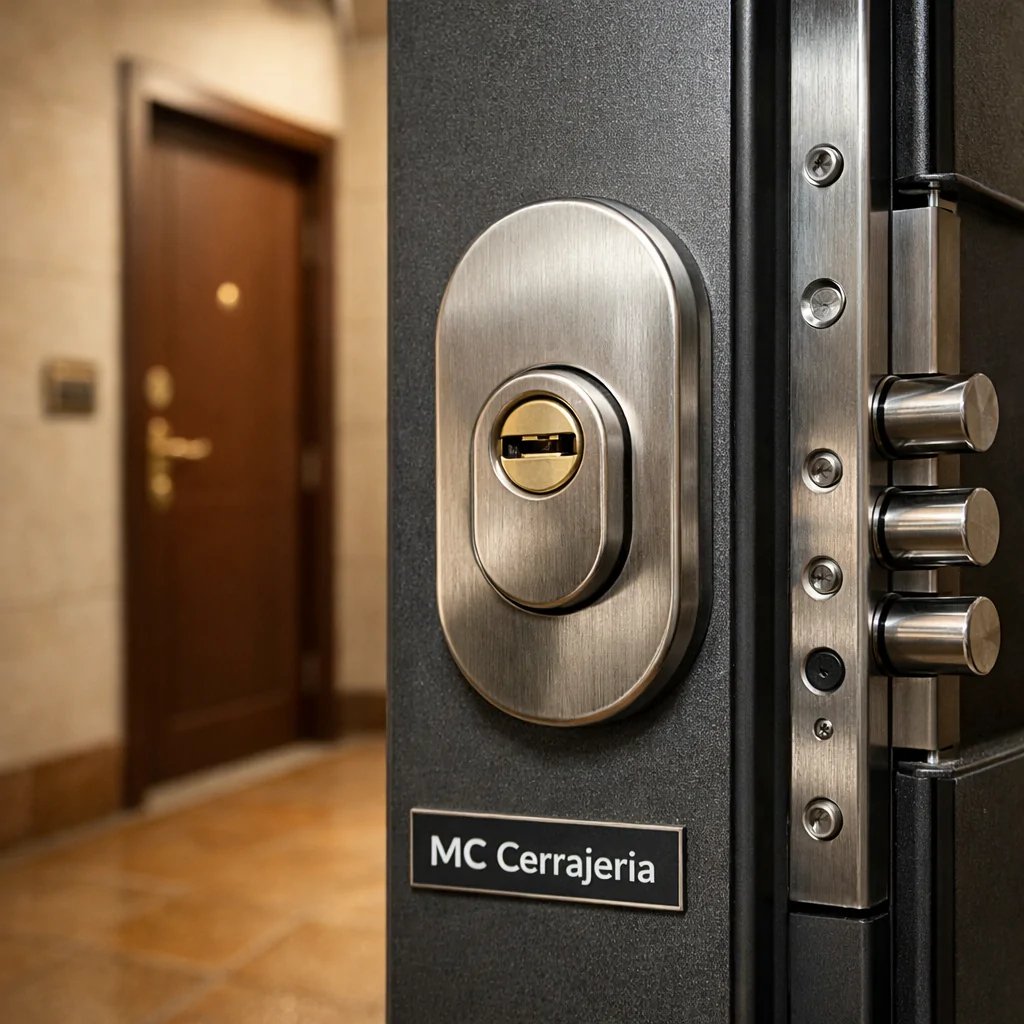 Puerta blindada instalada en Barcelona, con escudo de acero, cilindro antibumping y cerradura multipunto; Cuales son las puertas blindadas mas recomendadas para mejorar la seguridad en Barcelona